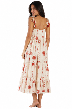 Terracotta folk-print tiered spaghetti-strap maxi resort dress — view 2