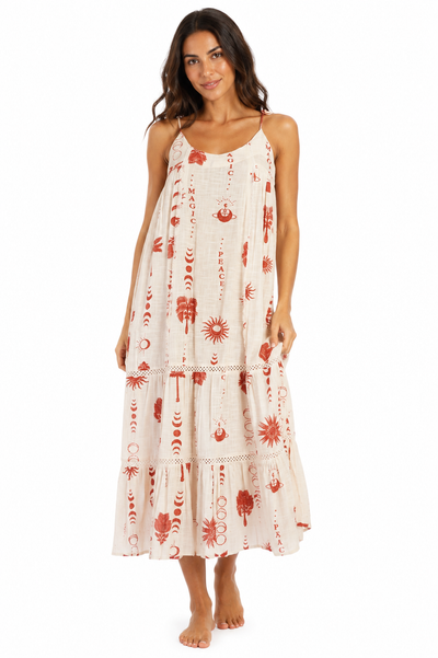 Terracotta folk-print tiered spaghetti-strap maxi resort dress — view 3