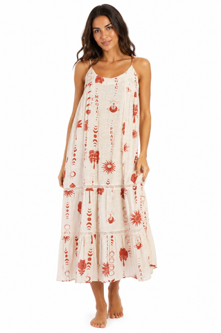 Terracotta folk-print tiered spaghetti-strap maxi resort dress — view 3