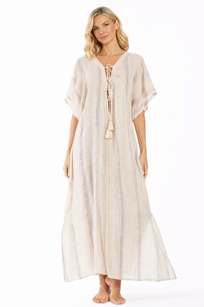 Natural striped linen-look lace-up tassel long kaftan — view 1