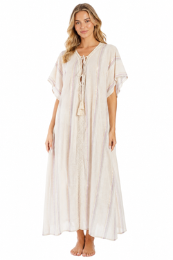 Natural striped linen-look lace-up tassel long kaftan — view 2