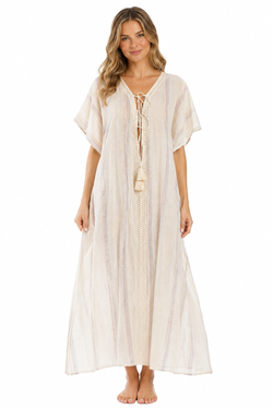 Natural striped linen-look lace-up tassel long kaftan — view 3