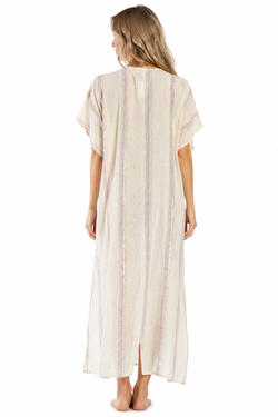 Natural striped linen-look lace-up tassel long kaftan — view 4