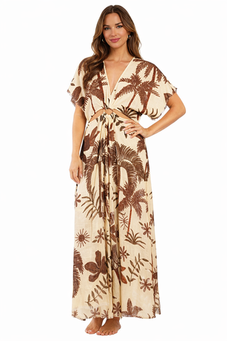 Chocolate palm-print kimono-sleeve tie-waist maxi kaftan dress — view 1