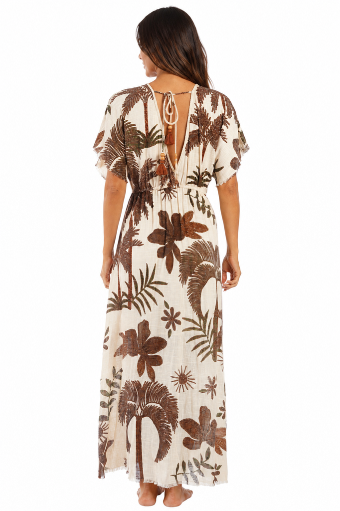 Chocolate palm-print kimono-sleeve tie-waist maxi kaftan dress — view 2