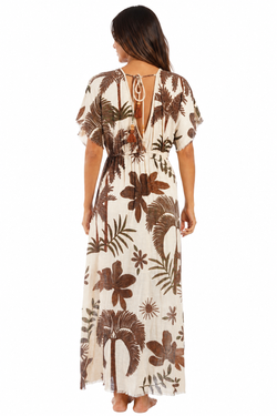 Chocolate palm-print kimono-sleeve tie-waist maxi kaftan dress — view 2