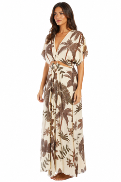 Chocolate palm-print kimono-sleeve tie-waist maxi kaftan dress — view 3