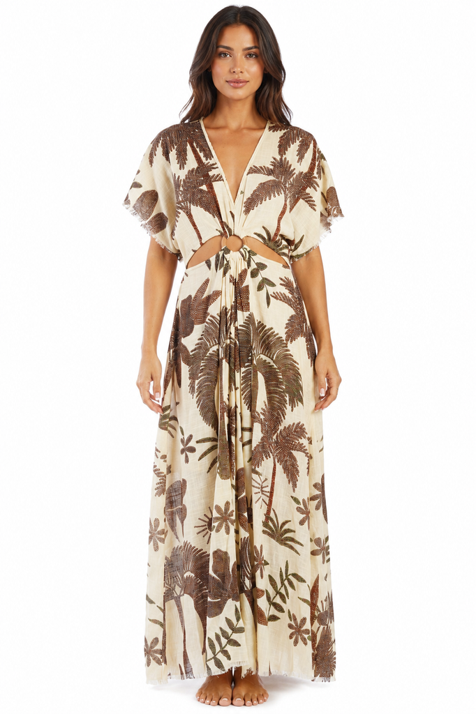 Chocolate palm-print kimono-sleeve tie-waist maxi kaftan dress — view 4