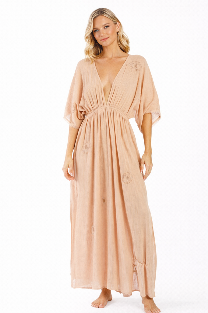 Blush solid kimono-sleeve deep-V smocked waist maxi kaftan — view 1