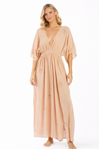 Blush solid kimono-sleeve deep-V smocked waist maxi kaftan — view 1
