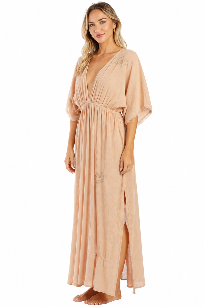 Blush solid kimono-sleeve deep-V smocked waist maxi kaftan — view 2