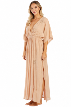 Blush solid kimono-sleeve deep-V smocked waist maxi kaftan — view 2