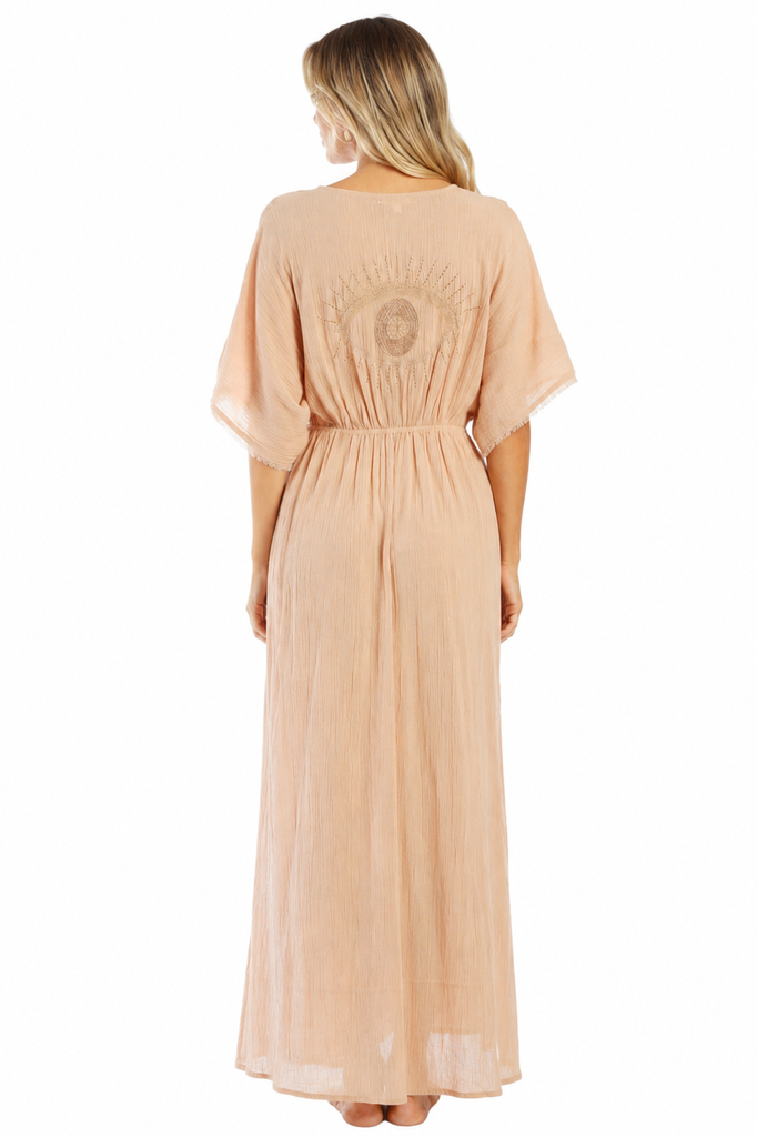 Blush solid kimono-sleeve deep-V smocked waist maxi kaftan — view 3