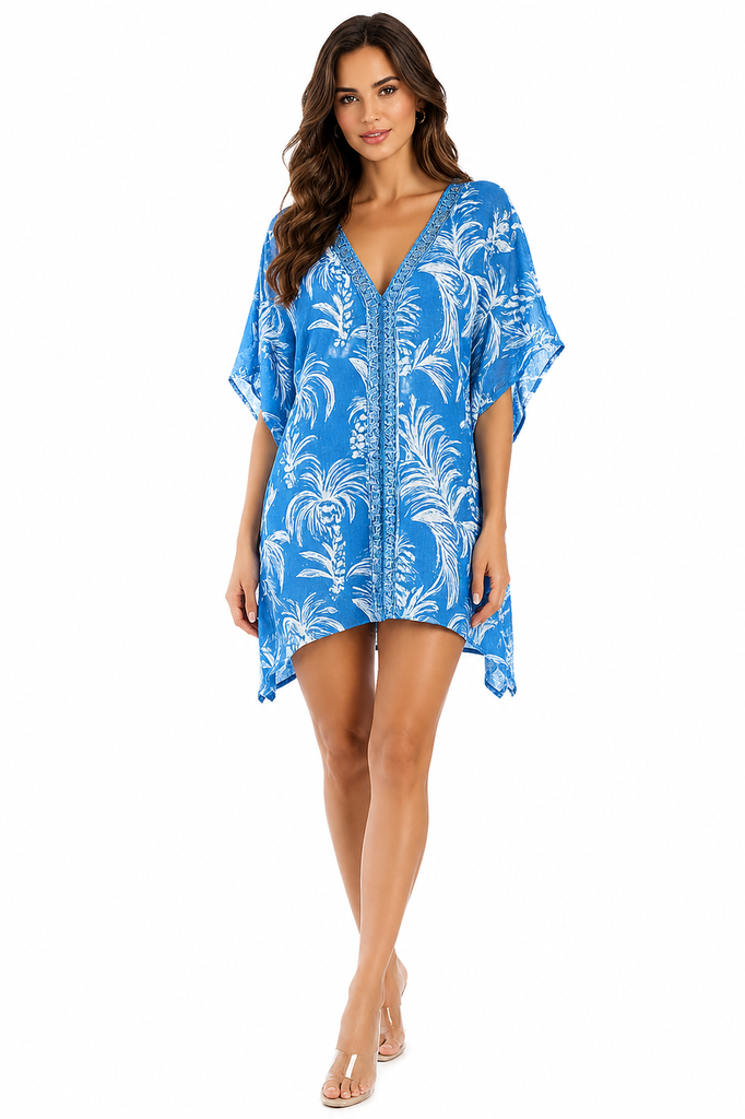 Blue palm-print embroidered V-neck kimono-sleeve mini caftan cover-up — view 1