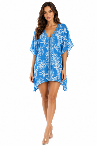 Blue palm-print embroidered V-neck kimono-sleeve mini caftan cover-up — view 1