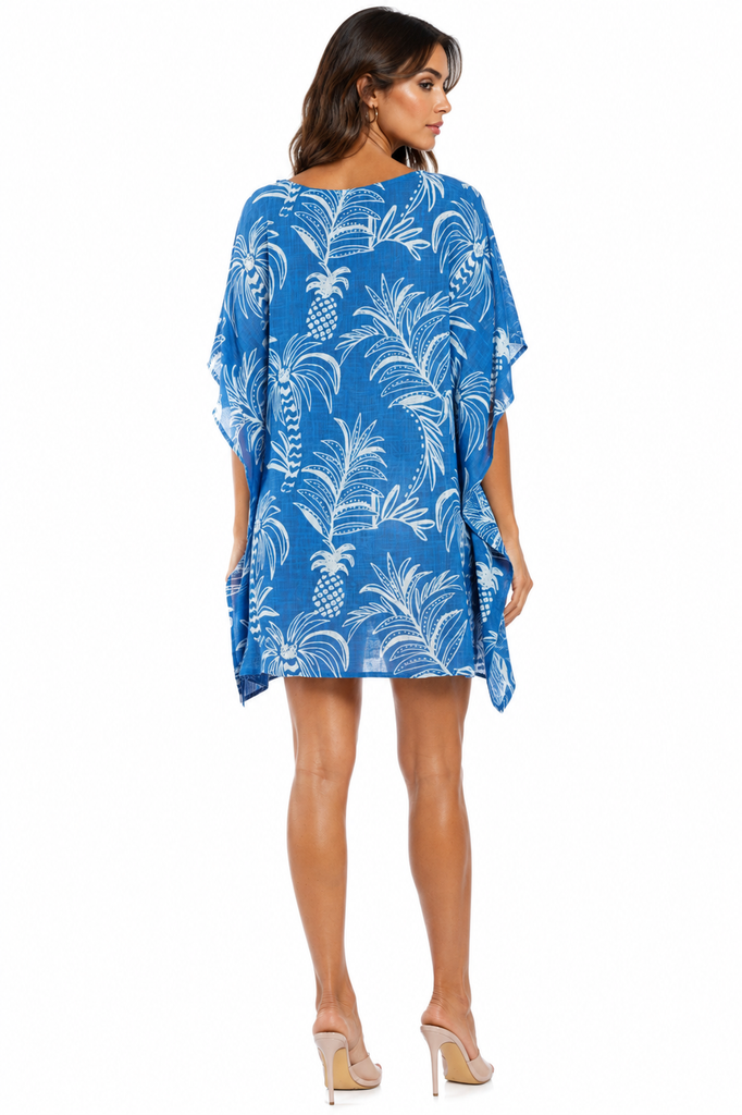 Blue palm-print embroidered V-neck kimono-sleeve mini caftan cover-up — view 2
