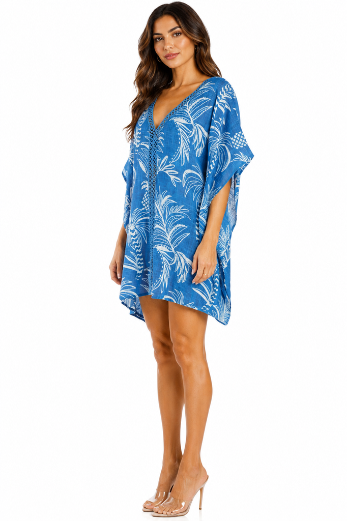 Blue palm-print embroidered V-neck kimono-sleeve mini caftan cover-up — view 3