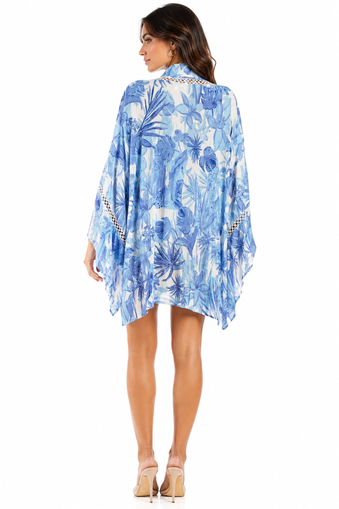 Blue tropical print open-front kimono beach cover-up — view 3