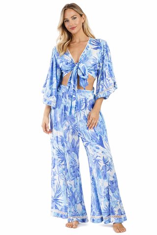 Blue tropical floral tie-front kimono-sleeve crop top with matching wide-leg flared pants resort set — view 1