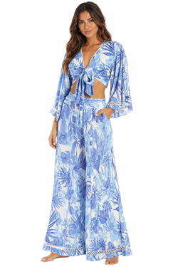 Blue tropical floral tie-front kimono-sleeve crop top with matching wide-leg flared pants resort set — view 2