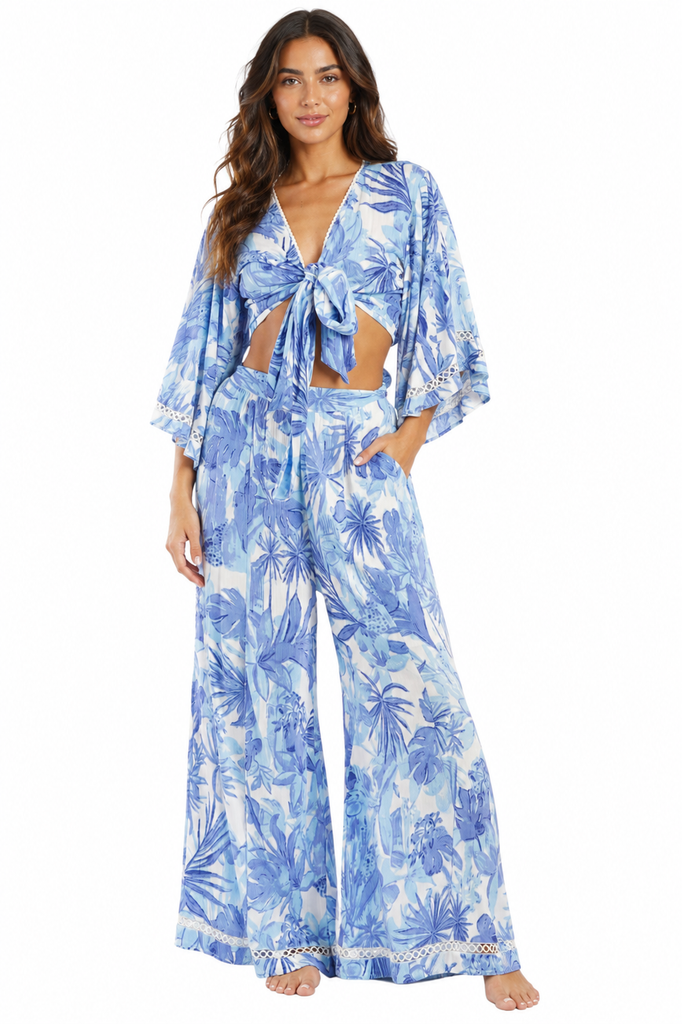 Blue tropical floral tie-front kimono-sleeve crop top with matching wide-leg flared pants resort set — view 4