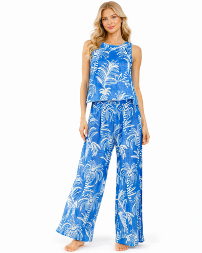 Blue palm-print sleeveless tank with matching wide-leg flared pants resort set — view 1