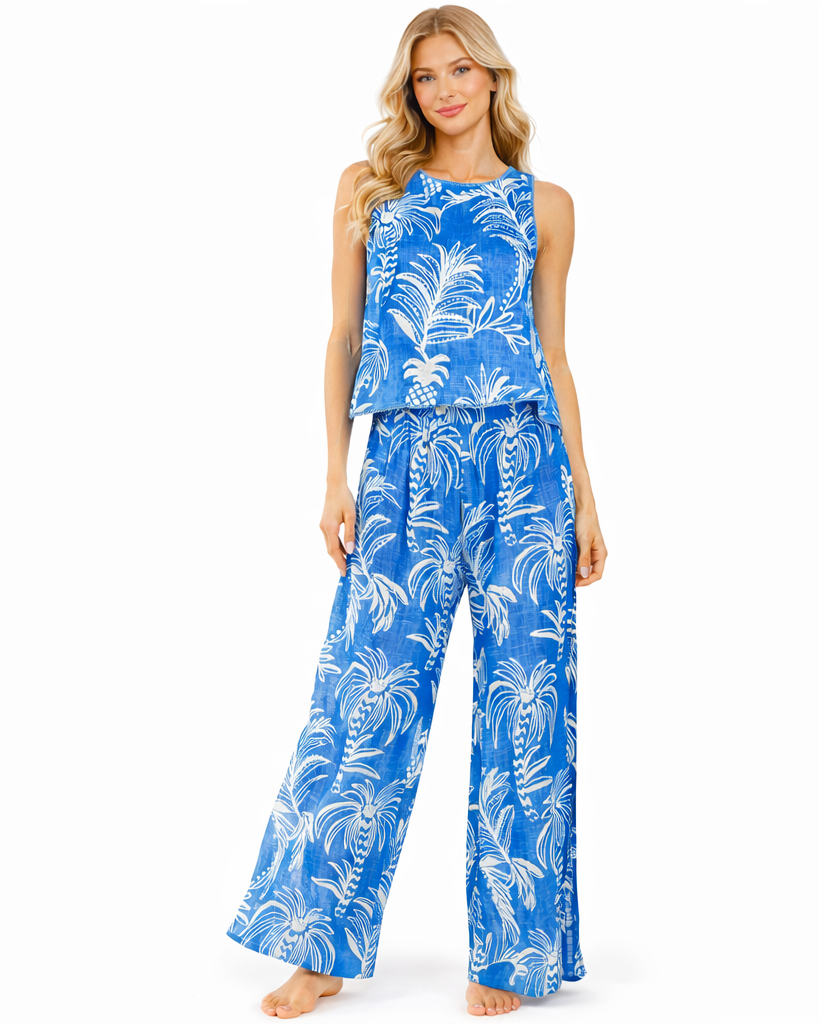 Blue palm-print sleeveless tank with matching wide-leg flared pants resort set — view 1