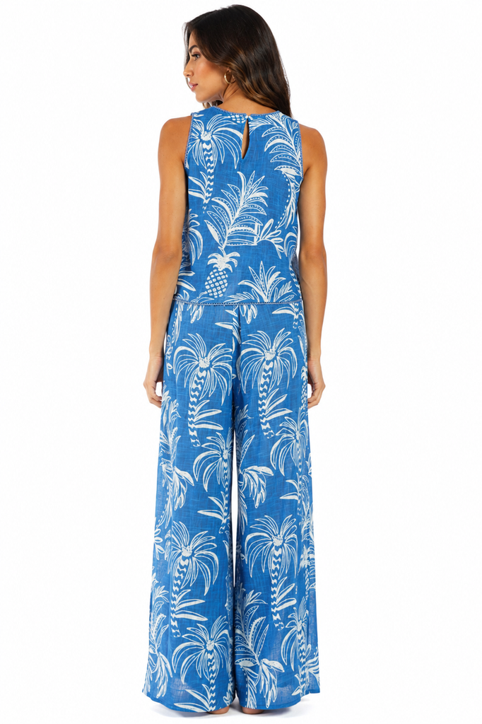 Blue palm-print sleeveless tank with matching wide-leg flared pants resort set — view 3