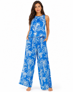 Blue palm-print sleeveless tank with matching wide-leg flared pants resort set — view 5