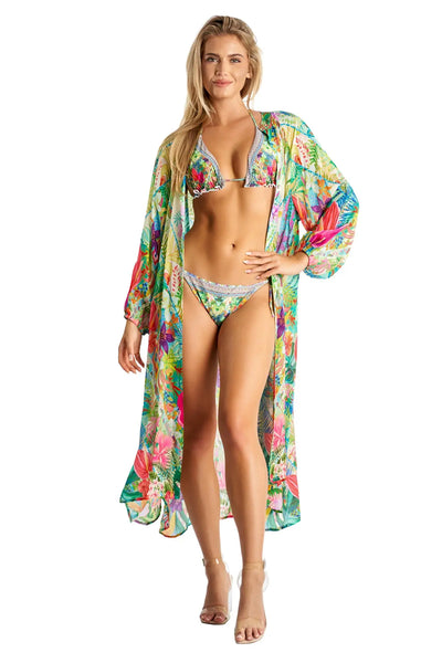 La Moda Women's Flowy Maxi Bathing Suit Swimsuit Front Hook Kimono Robe Cover Up - One Size