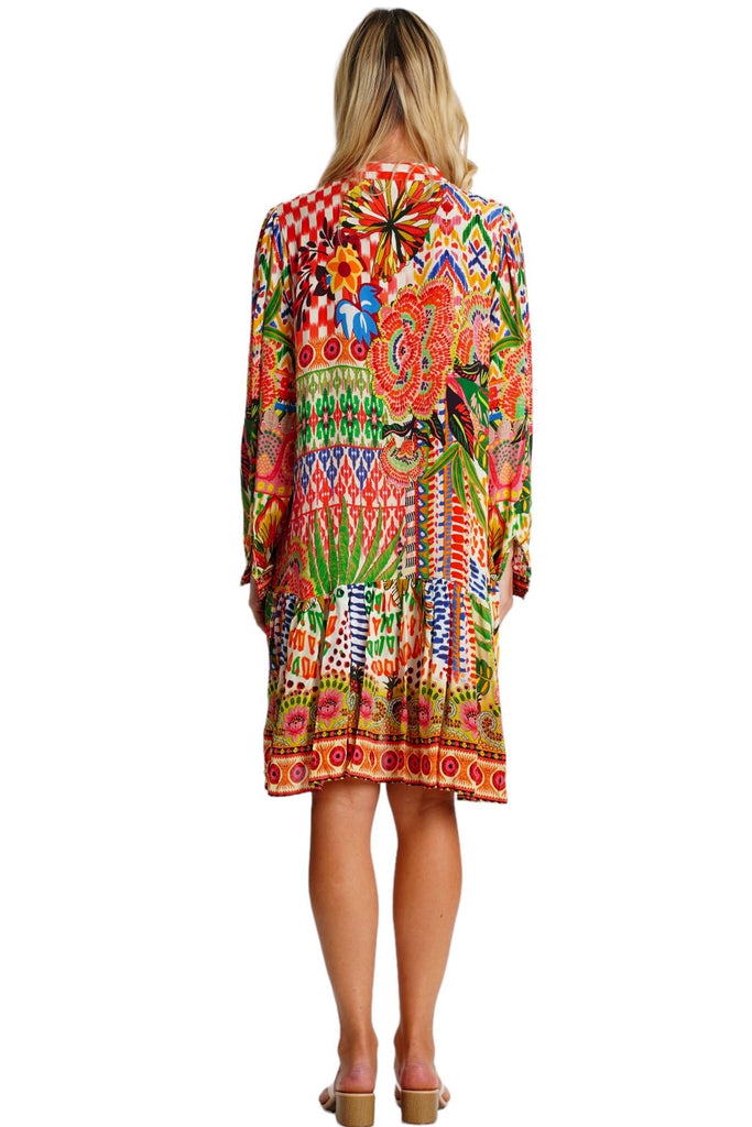 Wholesale red boho print long-sleeve V-neck mini dress with ruffled hem for resort boutiques - La Moda Clothing