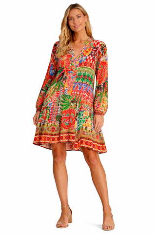 Wholesale red boho print long-sleeve V-neck mini dress with ruffled hem for resort boutiques - La Moda Clothing