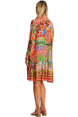 Wholesale red boho print long-sleeve V-neck mini dress with ruffled hem for resort boutiques - La Moda Clothing