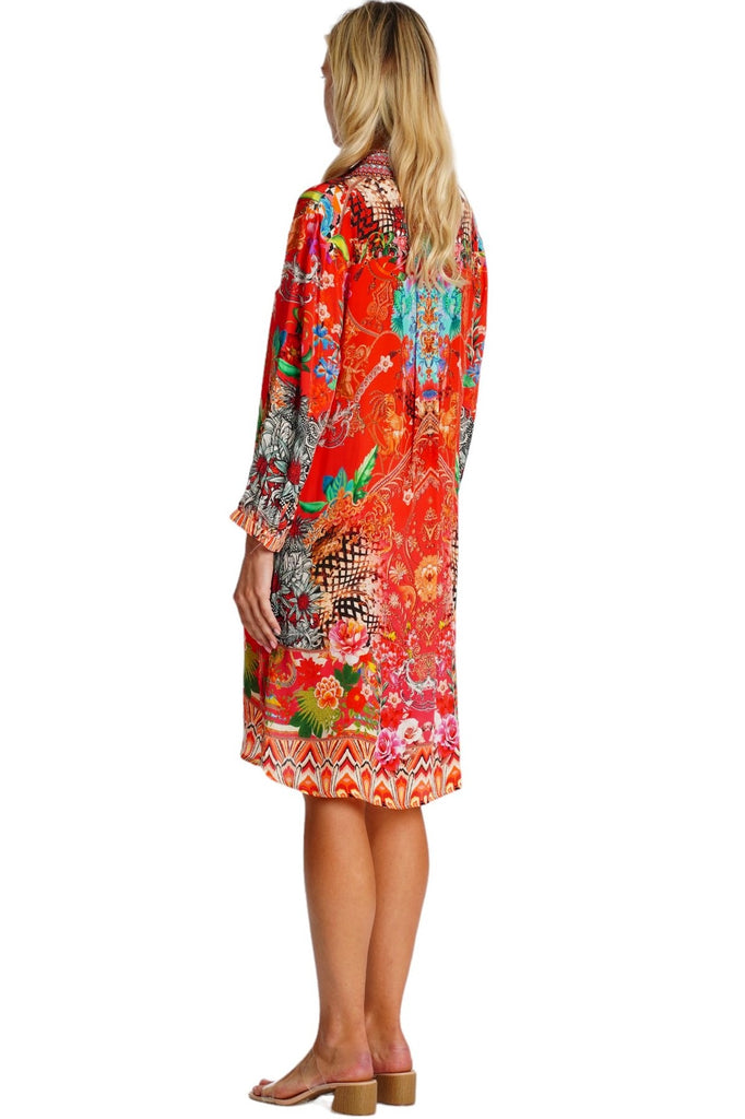 Wholesale red and orange floral print band collar long-sleeve shirt dress for resort boutiques - La Moda Clothing