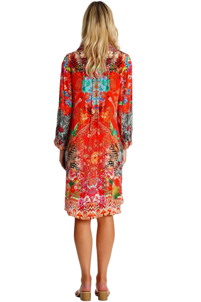 Wholesale red and orange floral print band collar long-sleeve shirt dress for resort boutiques - La Moda Clothing