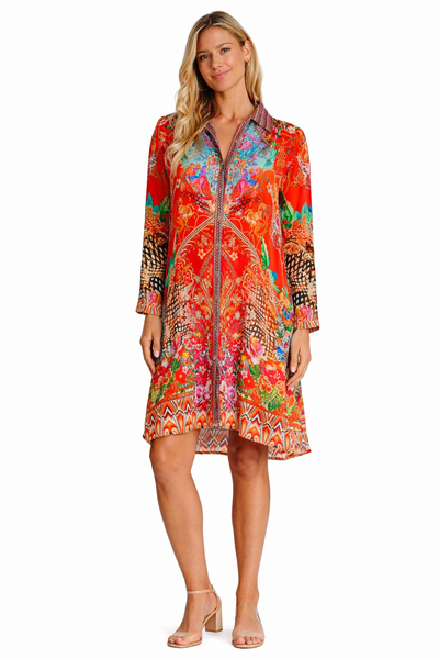 Wholesale red and orange floral print band collar long-sleeve shirt dress for resort boutiques - La Moda Clothing