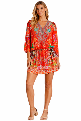 Wholesale red and orange ornamental print V-neck tunic mini dress with drawstring waist for resort boutiques - La Moda Clothing