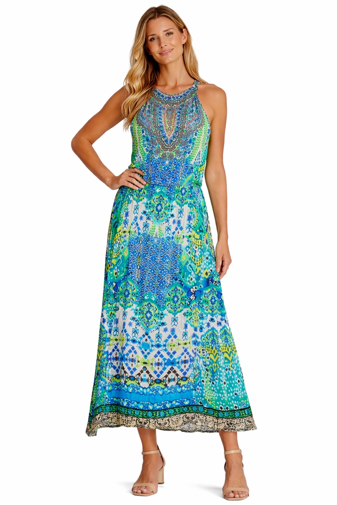 Wholesale turquoise and blue ornamental print halter maxi dress with keyhole neckline for resort boutiques - La Moda Clothing