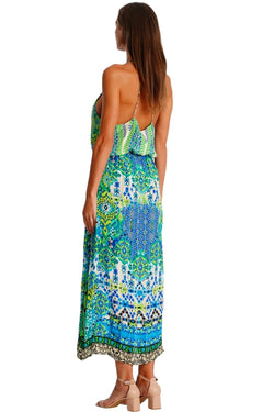 Wholesale turquoise and blue ornamental print halter maxi dress with keyhole neckline for resort boutiques - La Moda Clothing