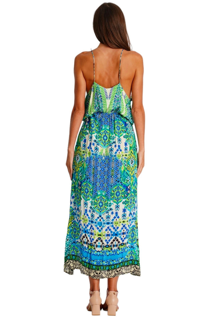 Wholesale turquoise and blue ornamental print halter maxi dress with keyhole neckline for resort boutiques - La Moda Clothing