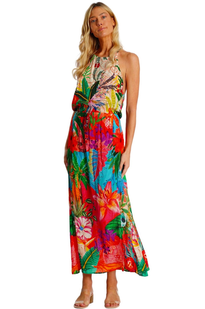 Wholesale tropical floral halter maxi dress with keyhole neckline in pink blue green and red print - La Moda Clothing