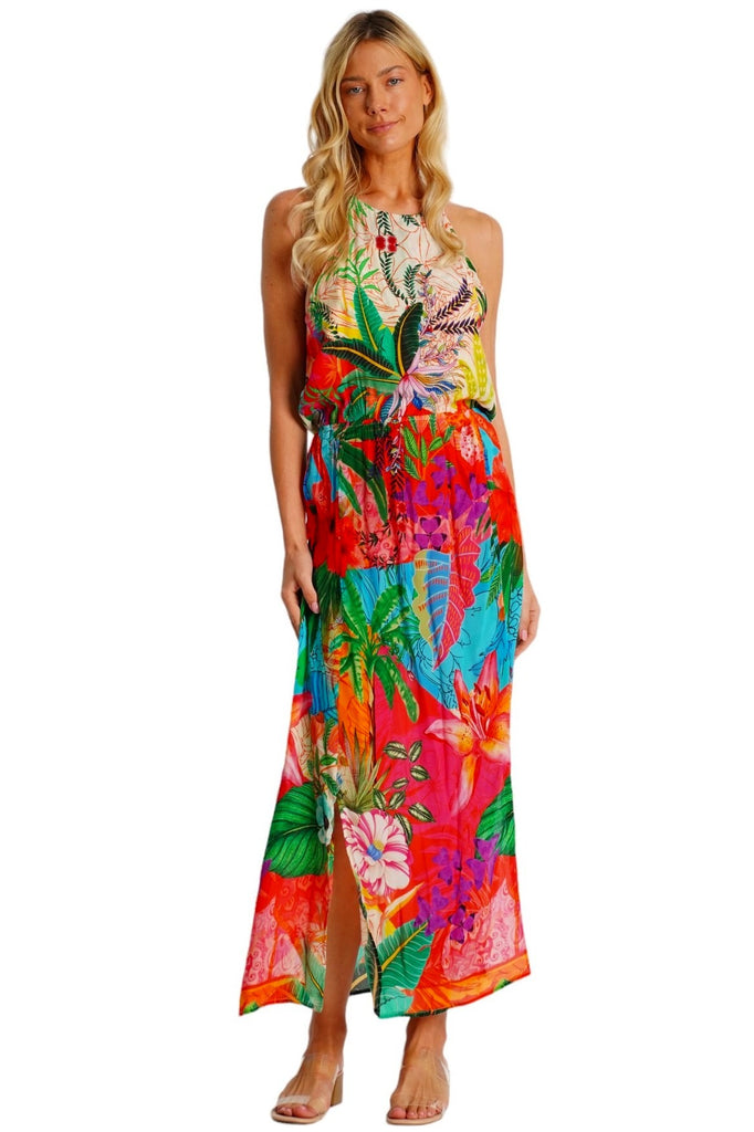 Wholesale tropical floral halter maxi dress with keyhole neckline in pink blue green and red print - La Moda Clothing