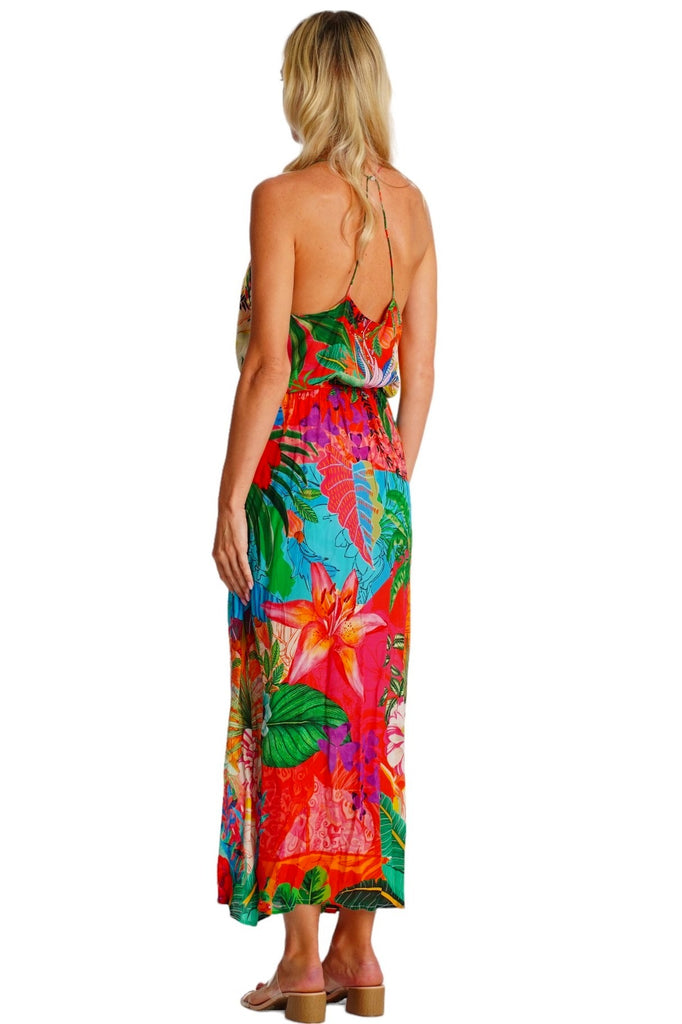 Wholesale tropical floral halter maxi dress with keyhole neckline in pink blue green and red print - La Moda Clothing