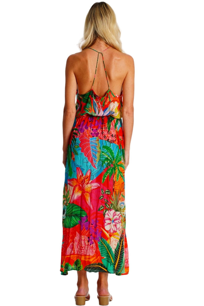Wholesale tropical floral halter maxi dress with keyhole neckline in pink blue green and red print - La Moda Clothing