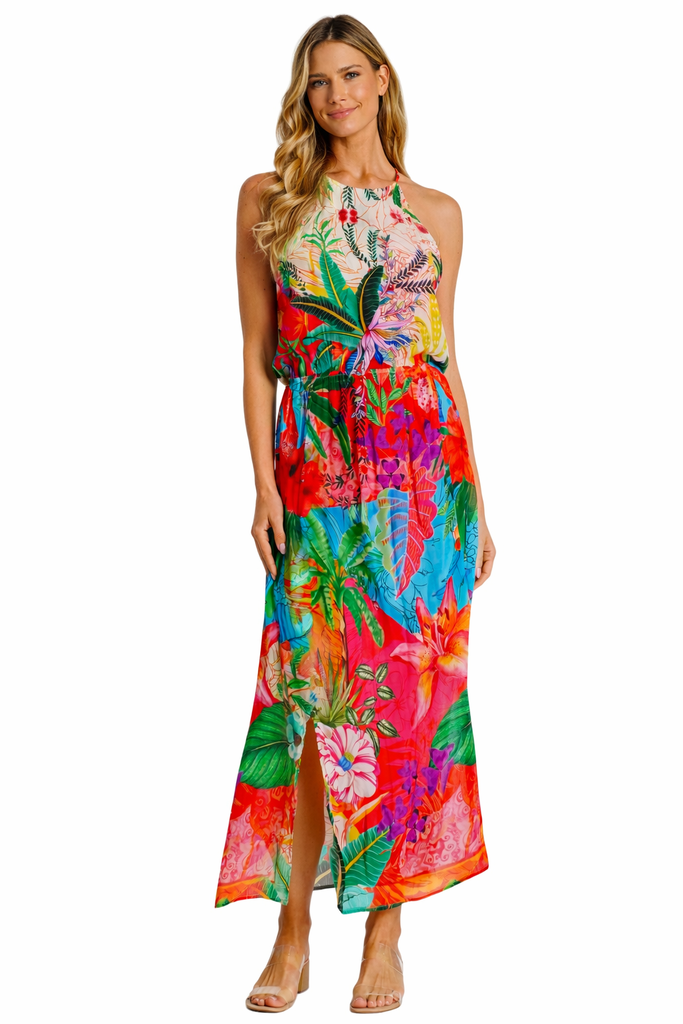 Wholesale tropical floral halter maxi dress with keyhole neckline in pink blue green and red print - La Moda Clothing