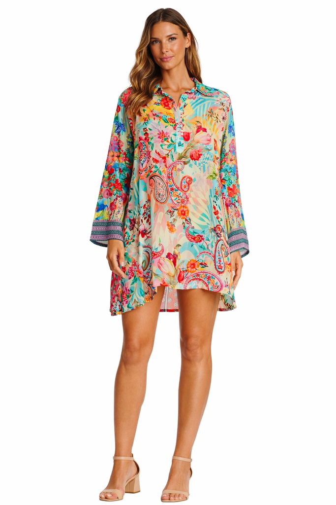 Wholesale turquoise coral and pink tropical floral V-neck long bell-sleeve beach cover-up tunic - La Moda Clothing
