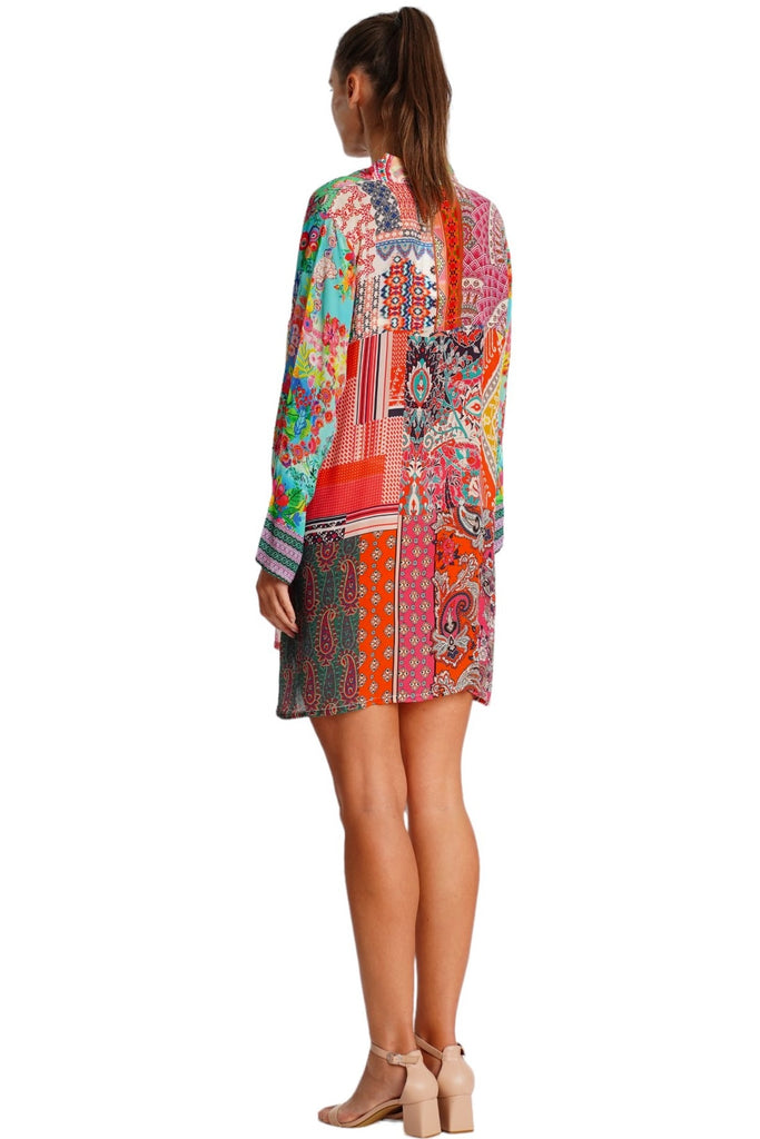 Wholesale turquoise coral and pink tropical floral V-neck long bell-sleeve beach cover-up tunic - La Moda Clothing