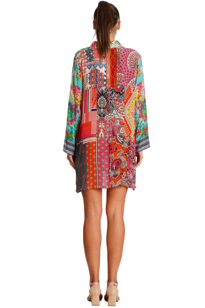 Wholesale turquoise coral and pink tropical floral V-neck long bell-sleeve beach cover-up tunic - La Moda Clothing