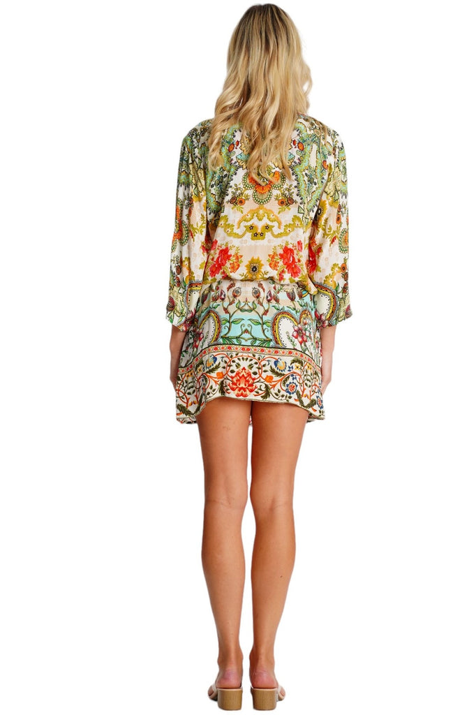Wholesale green yellow and multicolor tropical floral V-neck tunic mini dress with drawstring waist - La Moda Clothing