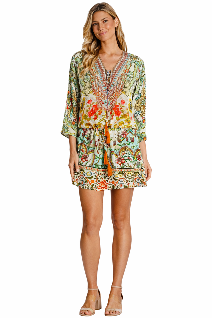 Wholesale green yellow and multicolor tropical floral V-neck tunic mini dress with drawstring waist - La Moda Clothing